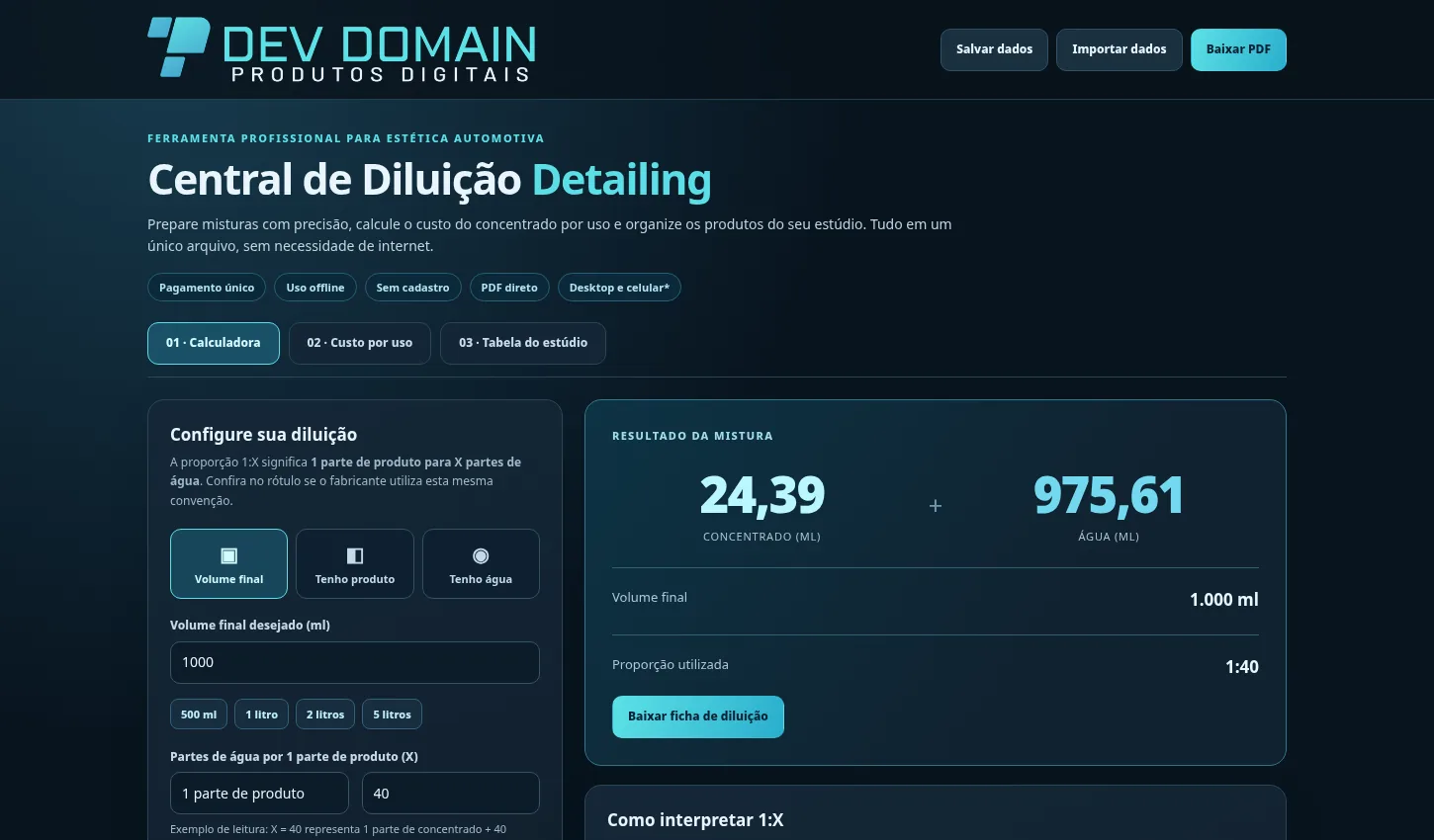 Captura real da interface de Central de Diluição Detailing