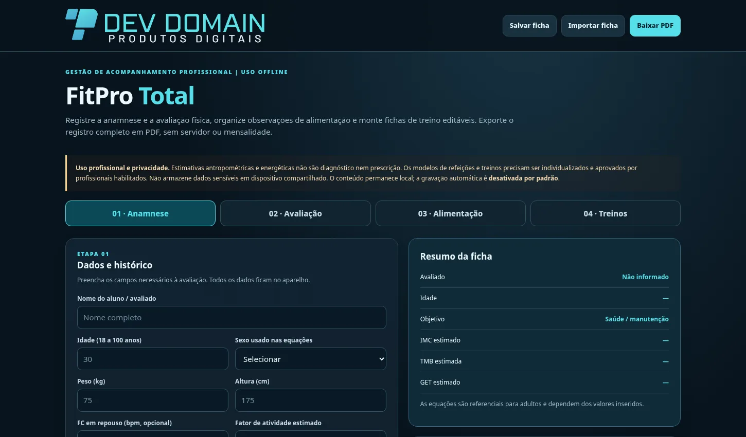 Captura real da interface de FitPro Total